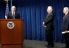 Homeland Security Secretary John Kelly (L), Secretary of State Rex Tillerson (C) and Attorney General Jeff Sessions (R), convey comments on issues related to visas