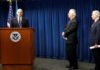 Homeland Security Secretary John Kelly (L), Secretary of State Rex Tillerson (C) and Attorney General Jeff Sessions (R), convey comments on issues related to visas