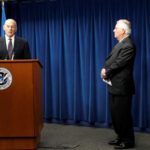 Homeland Security Secretary John Kelly (L), Secretary of State Rex Tillerson (C) and Attorney General Jeff Sessions (R), convey comments on issues related to visas