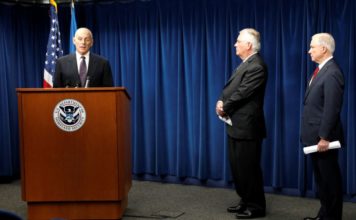 Homeland Security Secretary John Kelly (L), Secretary of State Rex Tillerson (C) and Attorney General Jeff Sessions (R), convey comments on issues related to visas