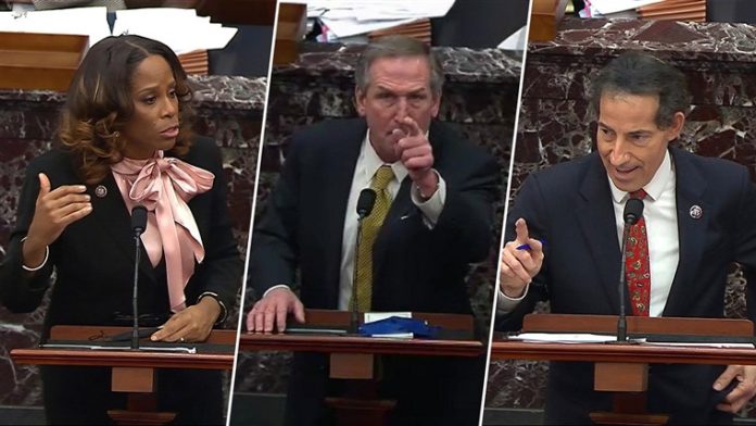 Impeachment prosecutors took senators on a terrifying journey into the events of the U.S. Capitol uprising, making a devastating case that Donald Trump had plotted and instigated a heinous crime against the United States. Impeachment prosecutors took senators on a terrifying journey into the events of the U.S. Capitol uprising, making a devastating case that Donald Trump had plotted and instigated a heinous crime against the United States.